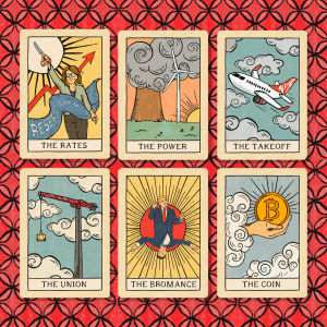 The Rates, The Power, The Take-Off, The Union, The Bromance, The Coin. From the AFR Tarot of Business series, Australian Financial Review. Six editorial tarot cards illustrated by Rachael Bolton depicting Michele Bullock and The (Interest) Rates, The Power, The Take-Off (Virgin IPO), The Union CFMEU), The Bromance (Trump and Elon Musk) and The Coin (Bitcoin)