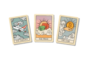 The Takeoff, The Price, The Coin. From the AFR Tarot of Business series, Australian Financial Review. Three editorial tarot cards illustrated by Rachael Bolton depicting Virgin Australia's IPO, the Australian housing market, and Bitcoin, titled The Takeoff, The Price and The Coin.